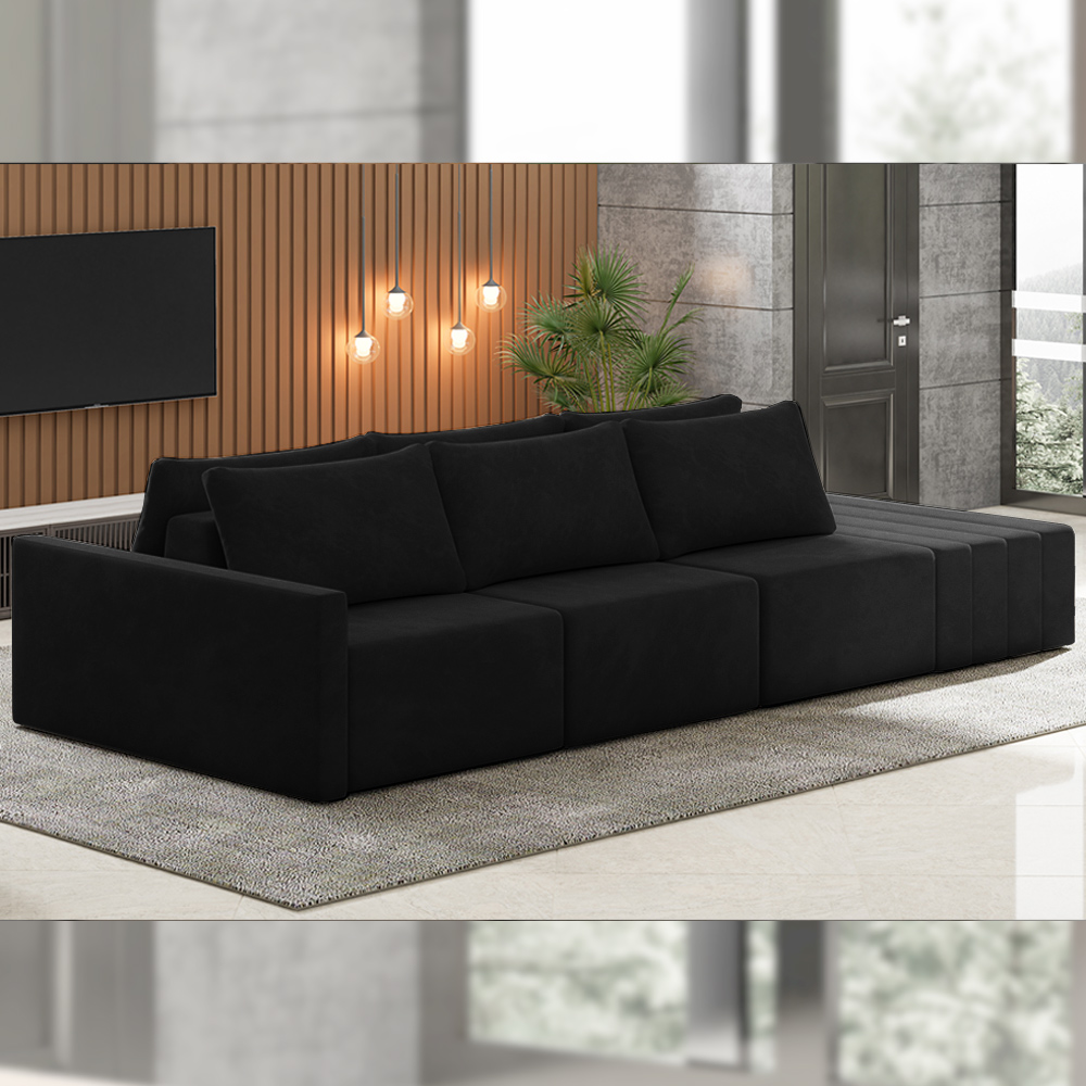 Sofá Ilha Modulado Milos 312cm Puff Lateral Veludo Preto G33 - Gran Belo