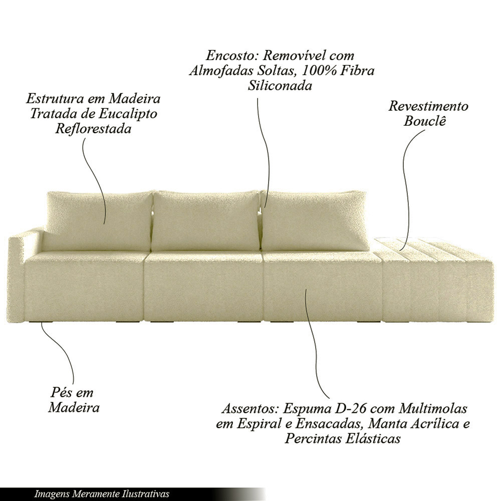 Sofá Ilha Modulado Milos 342cm Puff Lateral Bouclê Bege G33 - Gran Belo