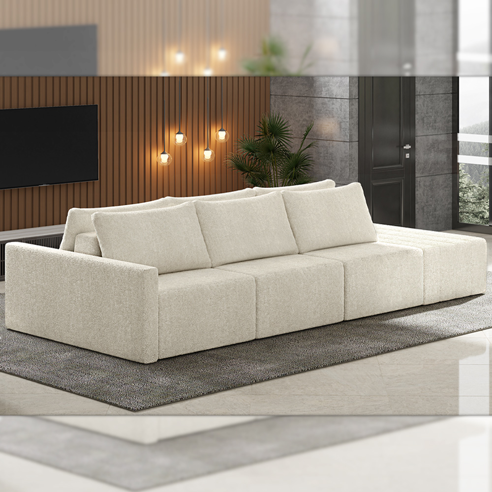 Sofá Ilha Modulado Milos 342cm Puff Lateral Bouclê Bege G33 - Gran Belo