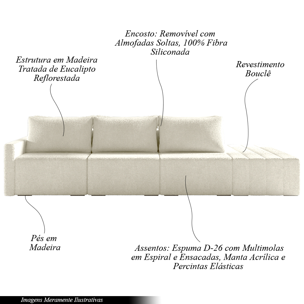 Sofá Ilha Modulado Milos 342cm Puff Lateral Bouclê Bege G33 - Gran Belo