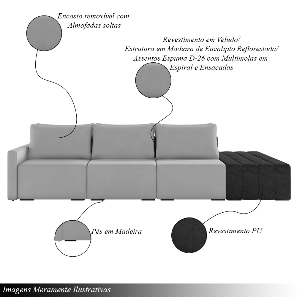 Sofá Ilha Modulado Milos 342cm Puff Lateral Cinza Preto Manchado Veludo/PU G33 - Gran Belo