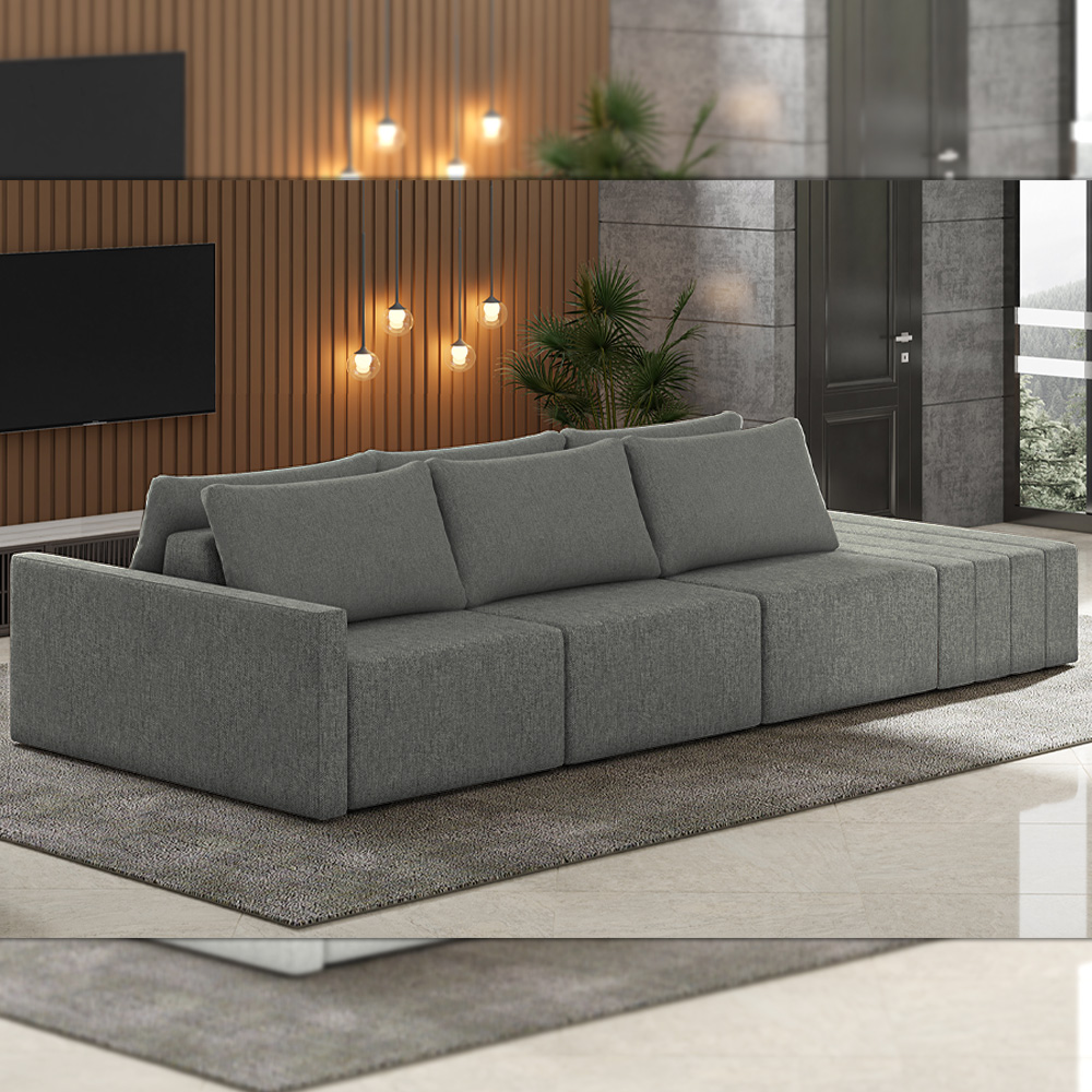 Sofá Ilha Modulado Milos 342cm Puff Lateral Linho Cinza Escuro G33 - Gran Belo