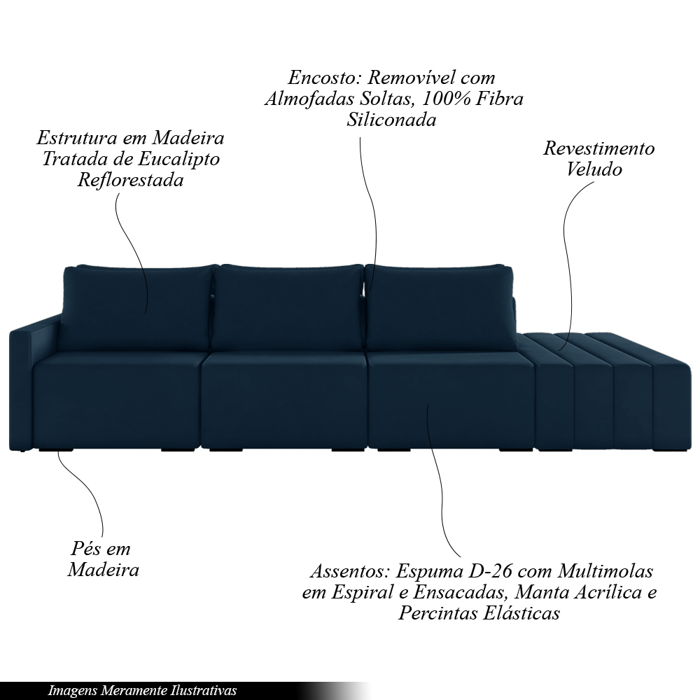 Sofá Ilha Modulado Milos 342cm Puff Lateral Veludo Azul Marinho G33 - Gran Belo
