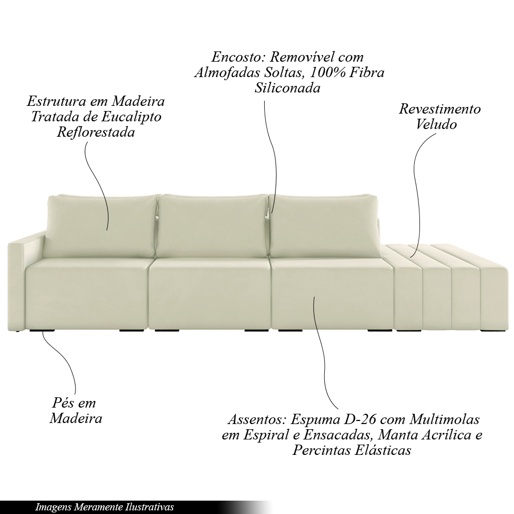 Sofá Ilha Modulado Milos 342cm Puff Lateral Veludo Bege G33 - Gran Belo