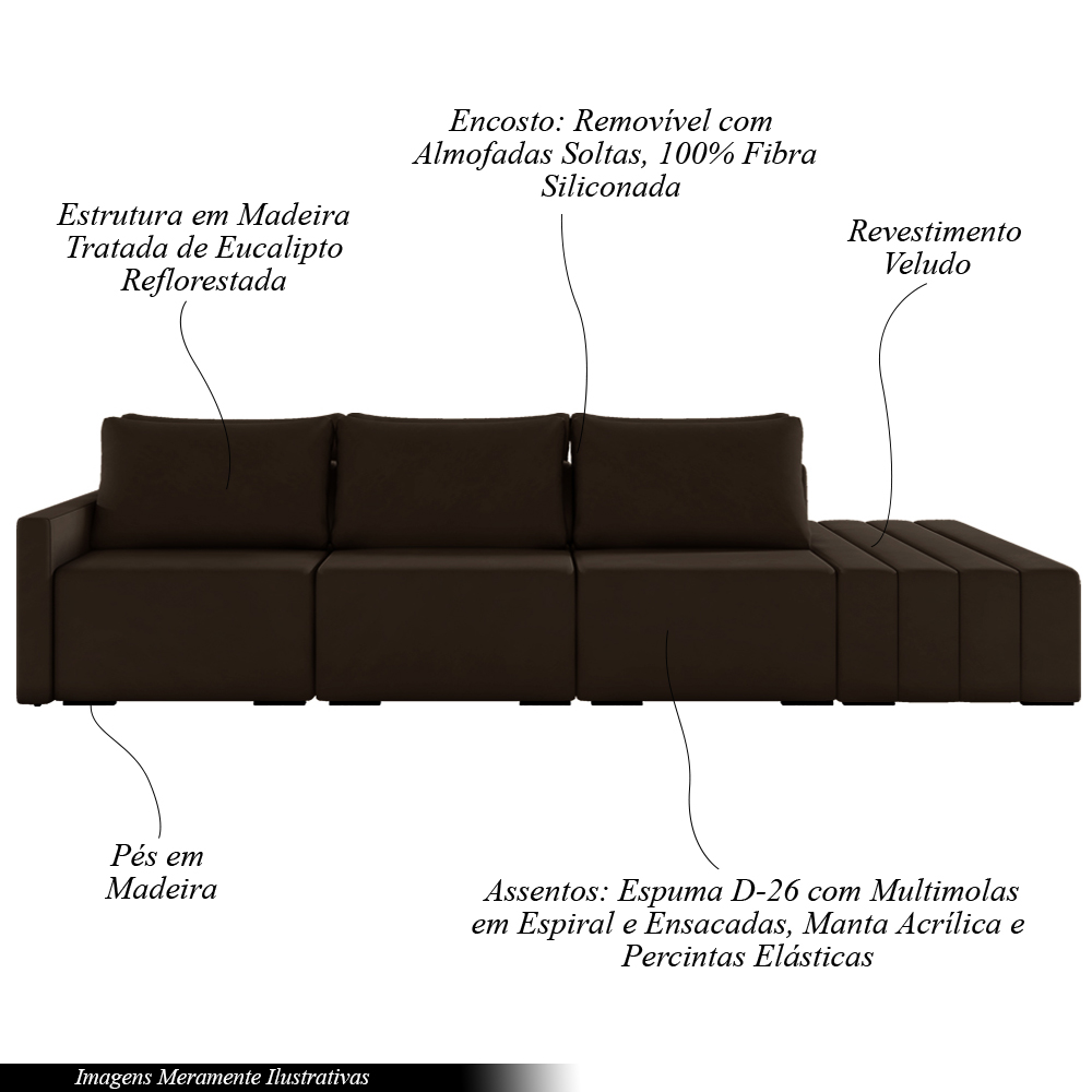 Sofá Ilha Modulado Milos 342cm Puff Lateral Veludo Marrom G33 - Gran Belo