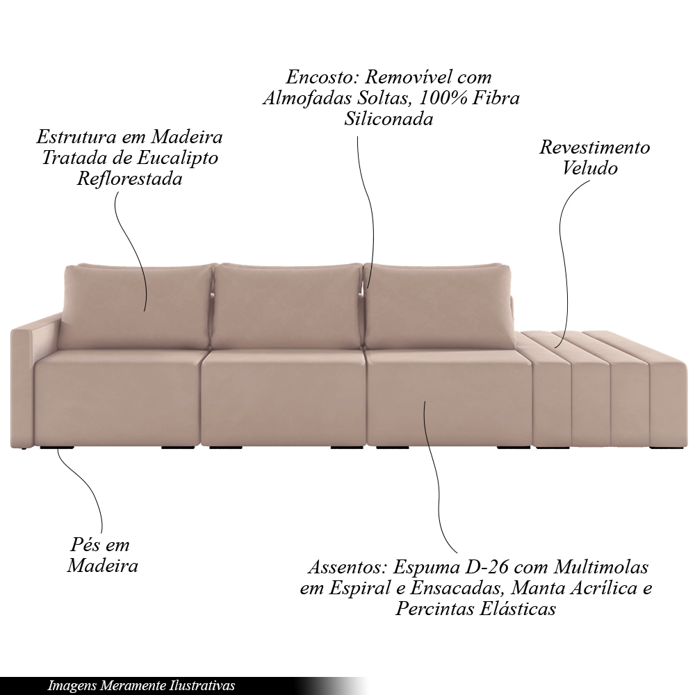 Sofá Ilha Modulado Milos 342cm Puff Lateral Veludo Rosê G33 - Gran Belo