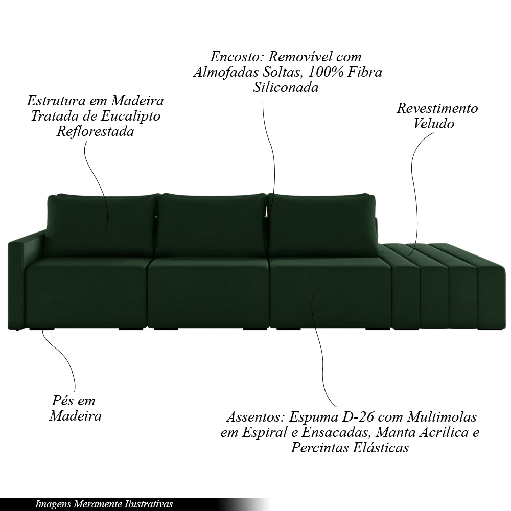 Sofá Ilha Modulado Milos 342cm Puff Lateral Veludo Verde G33 - Gran Belo