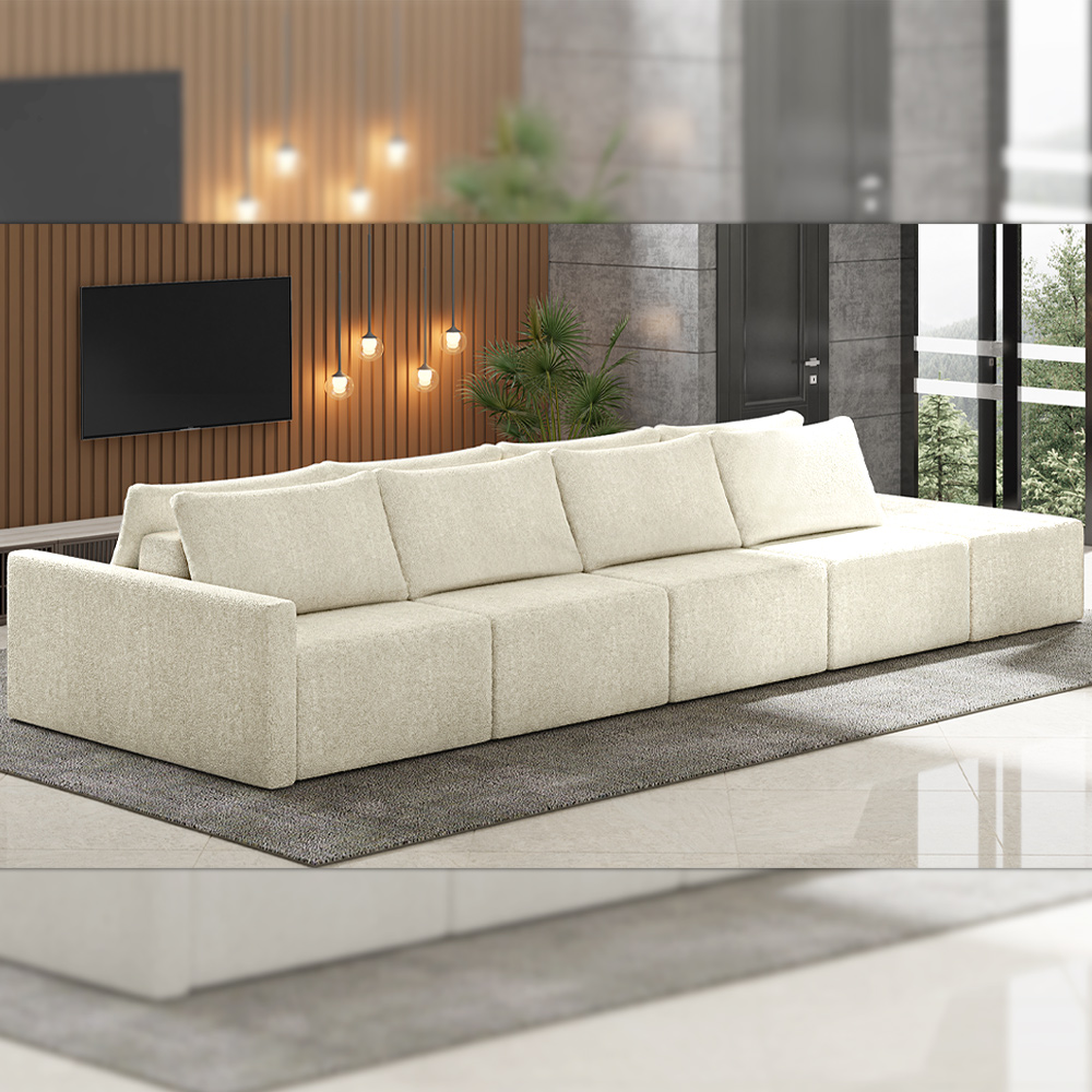 Sofá Ilha Modulado Milos 392cm Puff Lateral Bouclê Off White G33 - Gran Belo