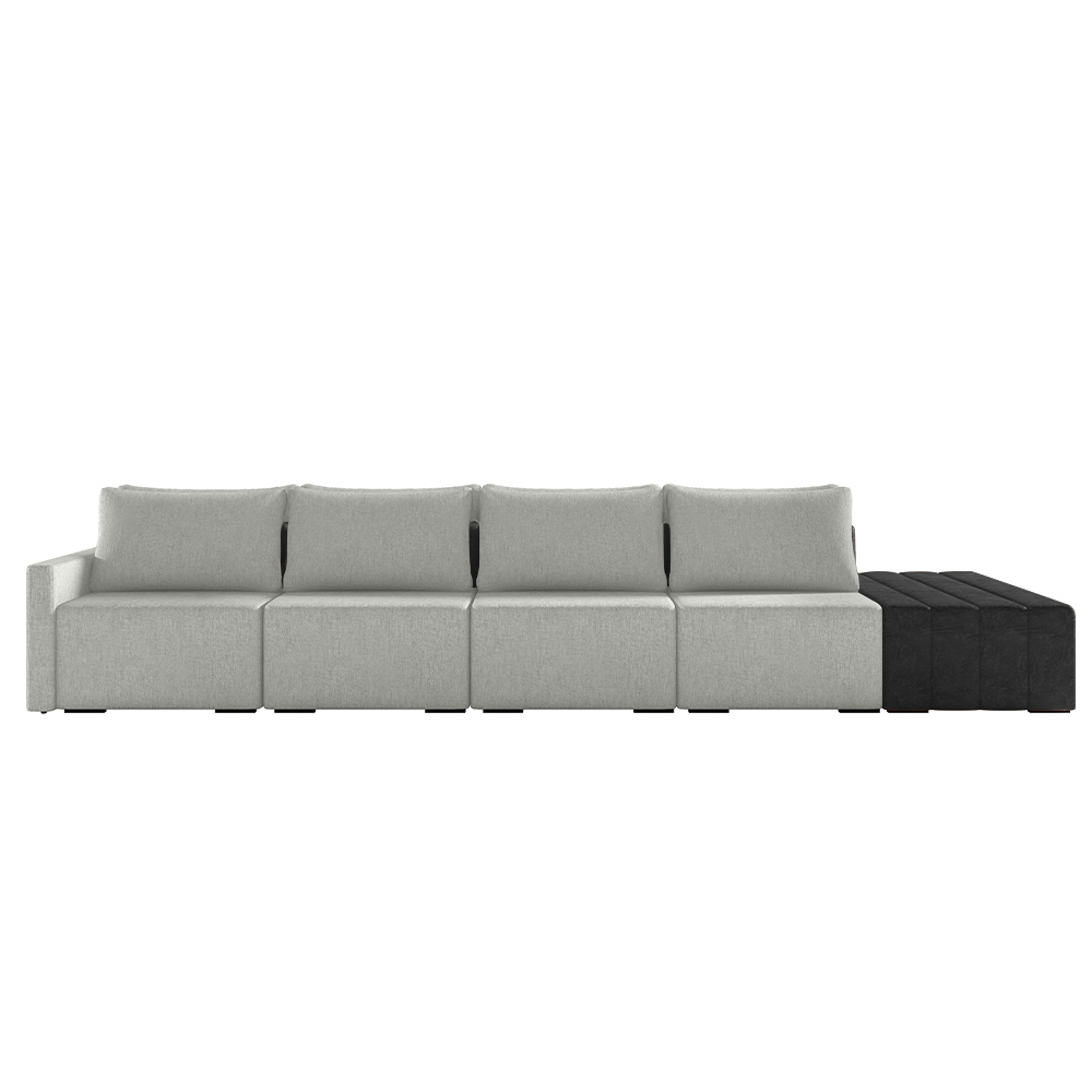 Sofá Ilha Modulado Milos 392cm Puff Lateral Cinza Preto Manchado Linho/PU G33 - Gran Belo