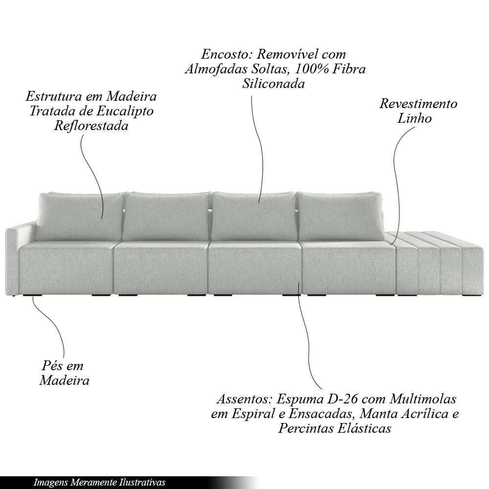 Sofá Ilha Modulado Milos 392cm Puff Lateral Linho Cinza G33 - Gran Belo