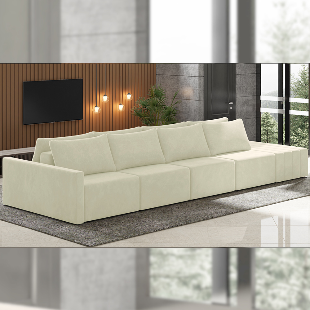 Sofá Ilha Modulado Milos 392cm Puff Lateral Veludo Bege G33 - Gran Belo
