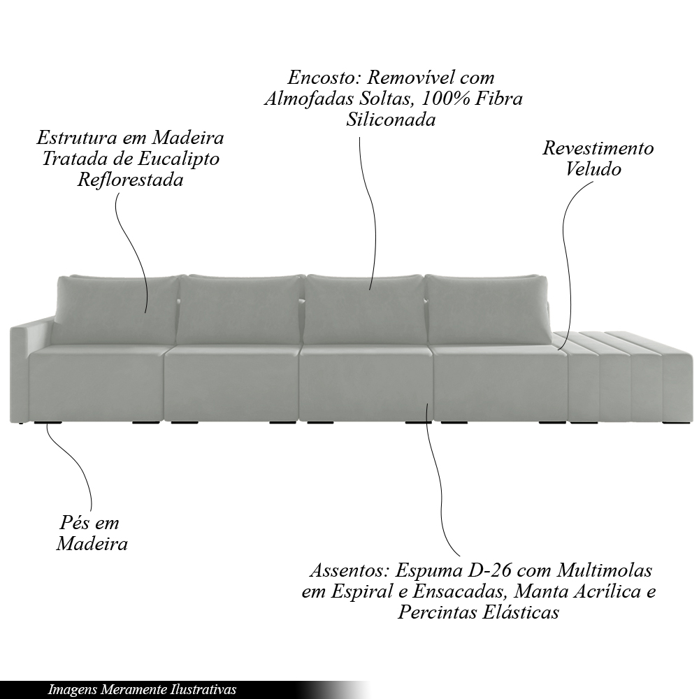 Sofá Ilha Modulado Milos 392cm Puff Lateral Veludo Cinza G33 - Gran Belo