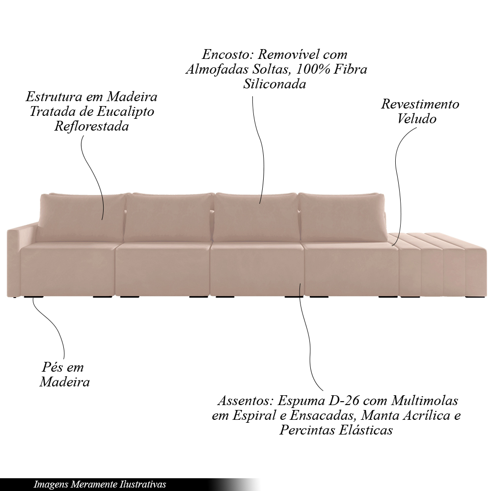 Sofá Ilha Modulado Milos 392cm Puff Lateral Veludo Rosê G33 - Gran Belo