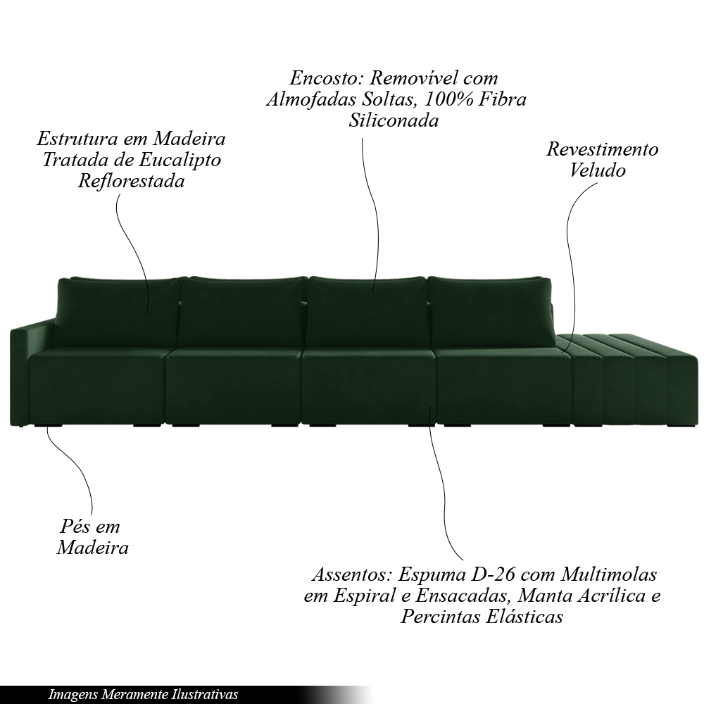 Sofá Ilha Modulado Milos 392cm Puff Lateral Veludo Verde G33 - Gran Belo