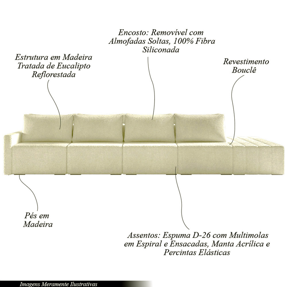 Sofá Ilha Modulado Milos 432cm Puff Lateral Bouclê Off White G33 - Gran Belo
