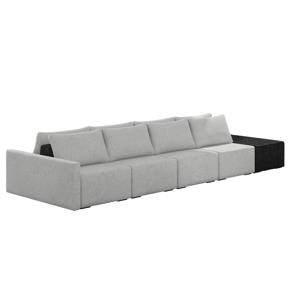 Sofá Ilha Modulado Milos 432cm Puff Lateral Cinza Preto Manchado Linho/PU G33 - Gran Belo