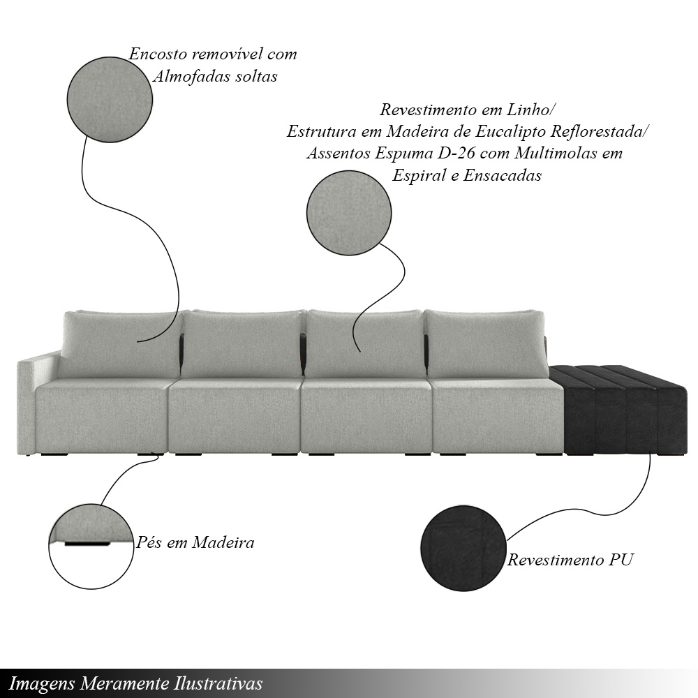 Sofá Ilha Modulado Milos 432cm Puff Lateral Cinza Preto Manchado Linho/PU G33 - Gran Belo