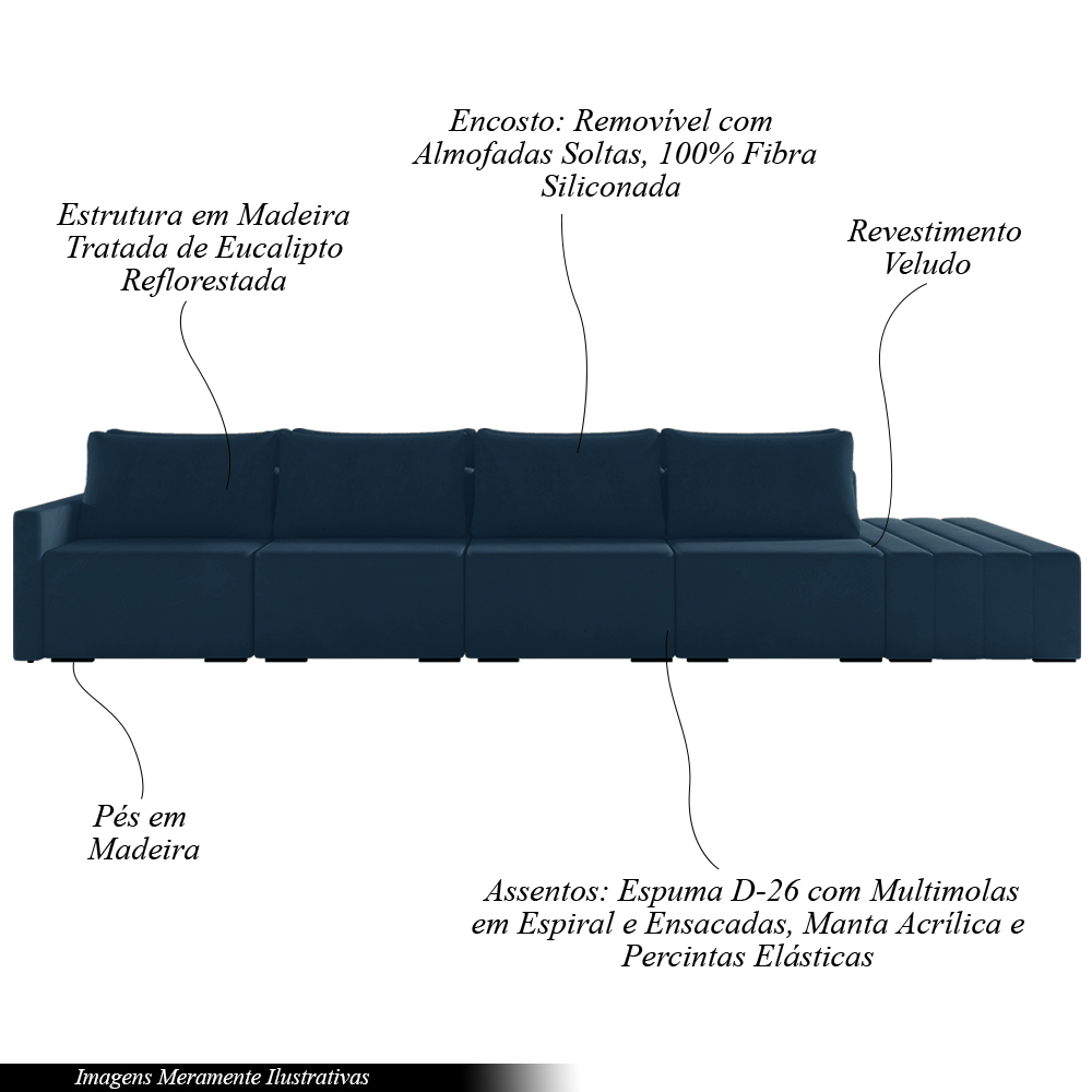 Sofá Ilha Modulado Milos 432cm Puff Lateral Veludo Azul Marinho G33 - Gran Belo