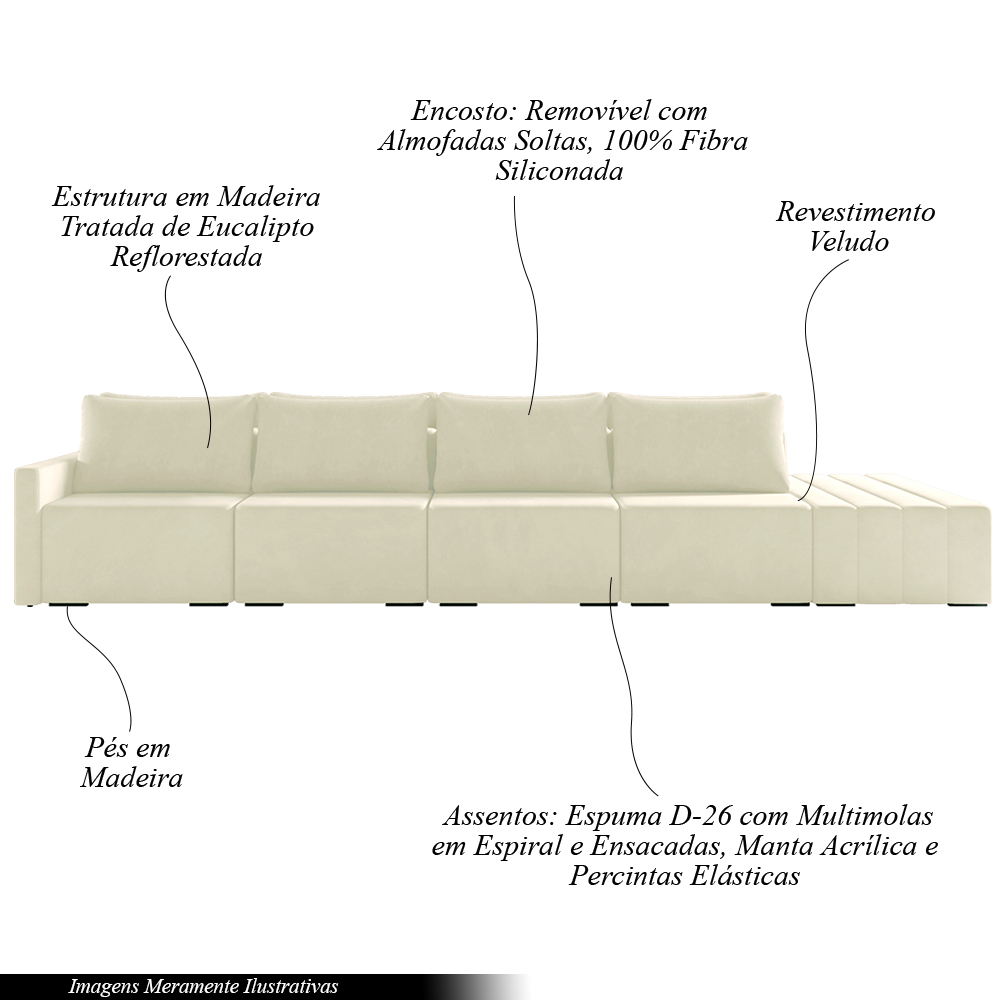Sofá Ilha Modulado Milos 432cm Puff Lateral Veludo Bege G33 - Gran Belo