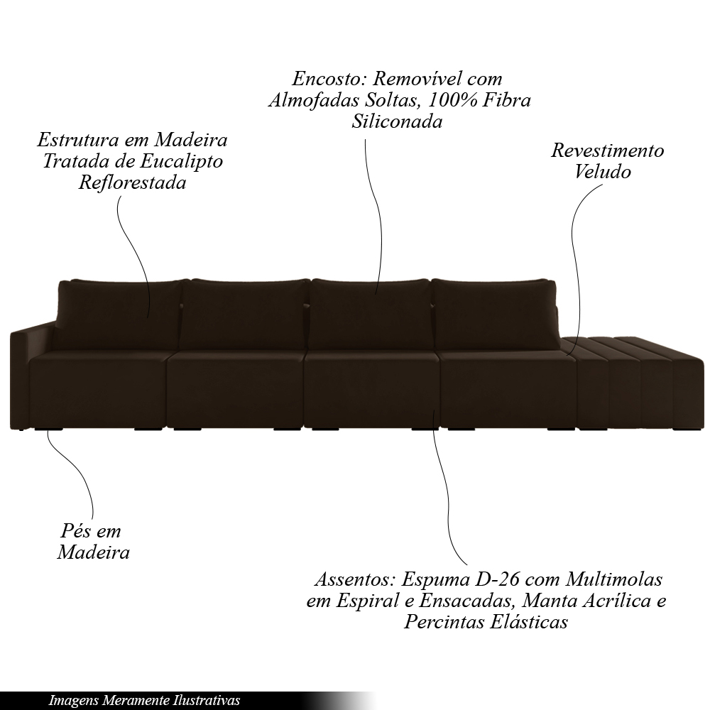 Sofá Ilha Modulado Milos 432cm Puff Lateral Veludo Marrom G33 - Gran Belo