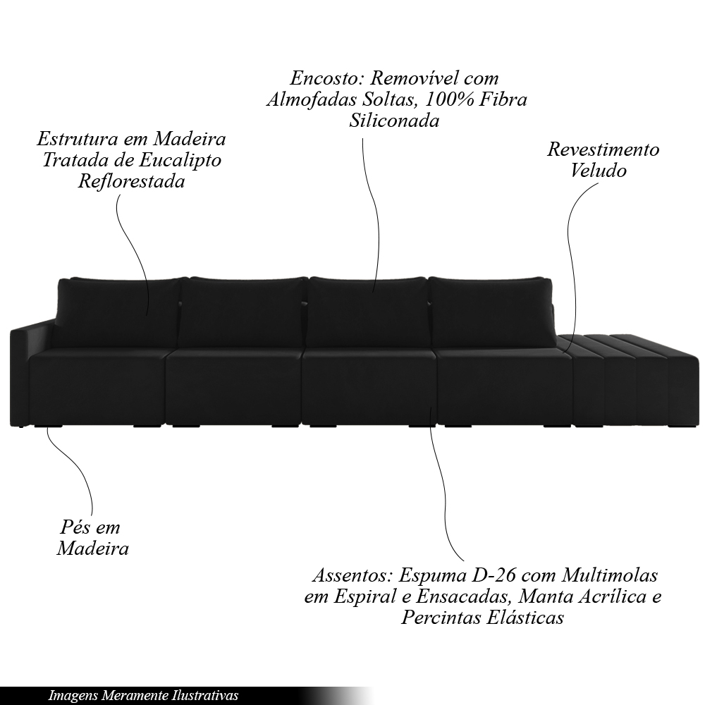 Sofá Ilha Modulado Milos 432cm Puff Lateral Veludo Preto G33 - Gran Belo