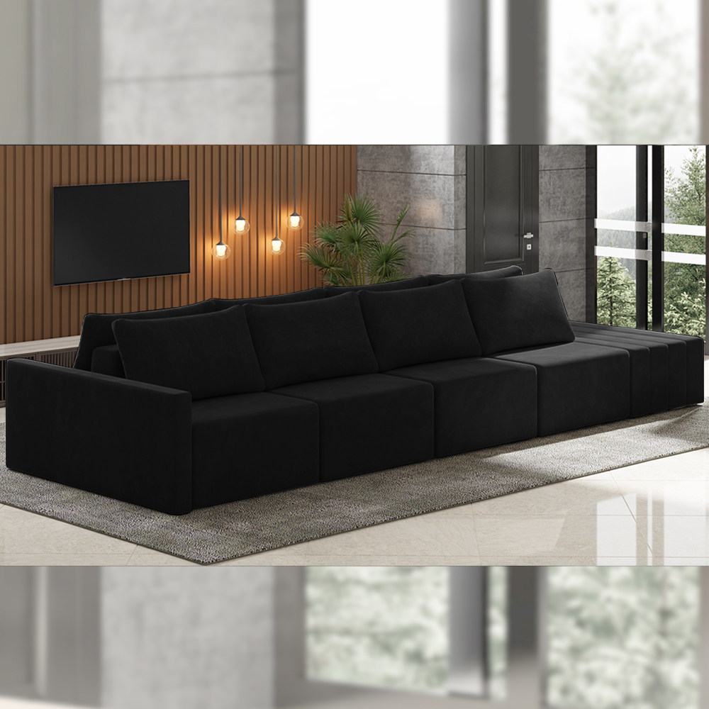 Sofá Ilha Modulado Milos 432cm Puff Lateral Veludo Preto G33 - Gran Belo