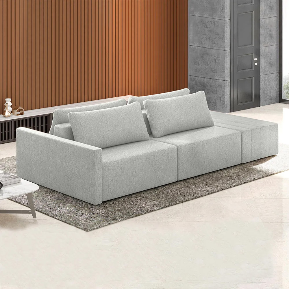 Sofá Ilha Modulado Puff Lateral Base Madeira Milos 252cm Linho Cinza Claro G33 - Gran Belo