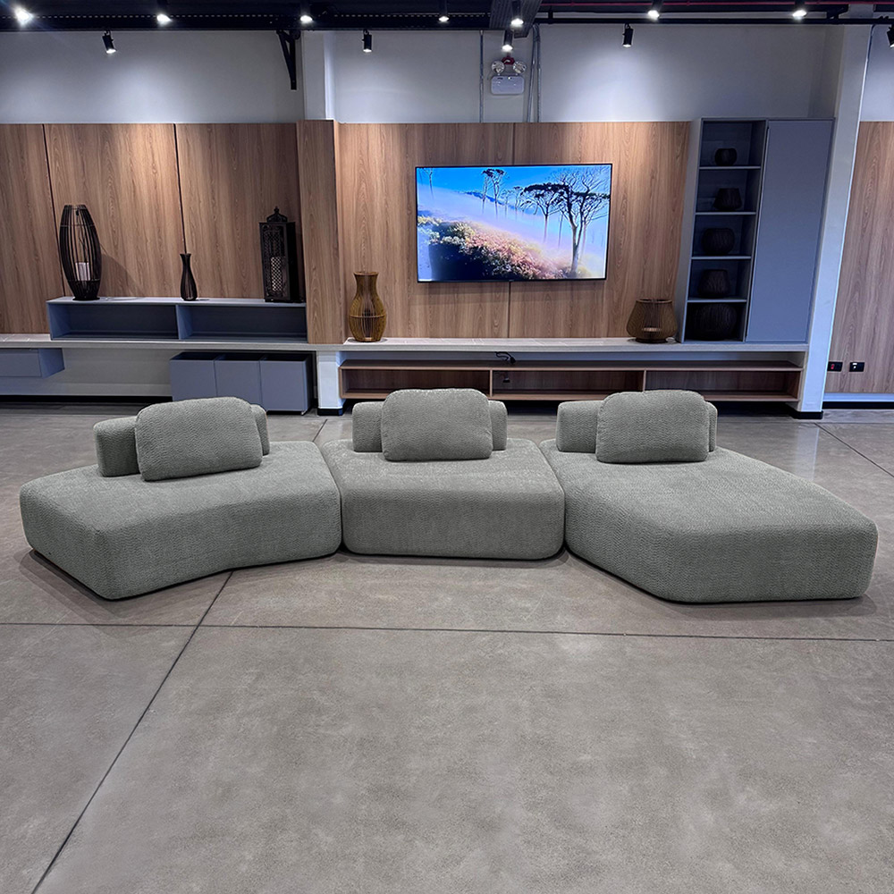 Sofá Ilha Sala de Estar 2 Módulos e Chaise Dakota Encosto Almofadas Soltas Bouclê Rústico Cinza G33 - Gran Belo