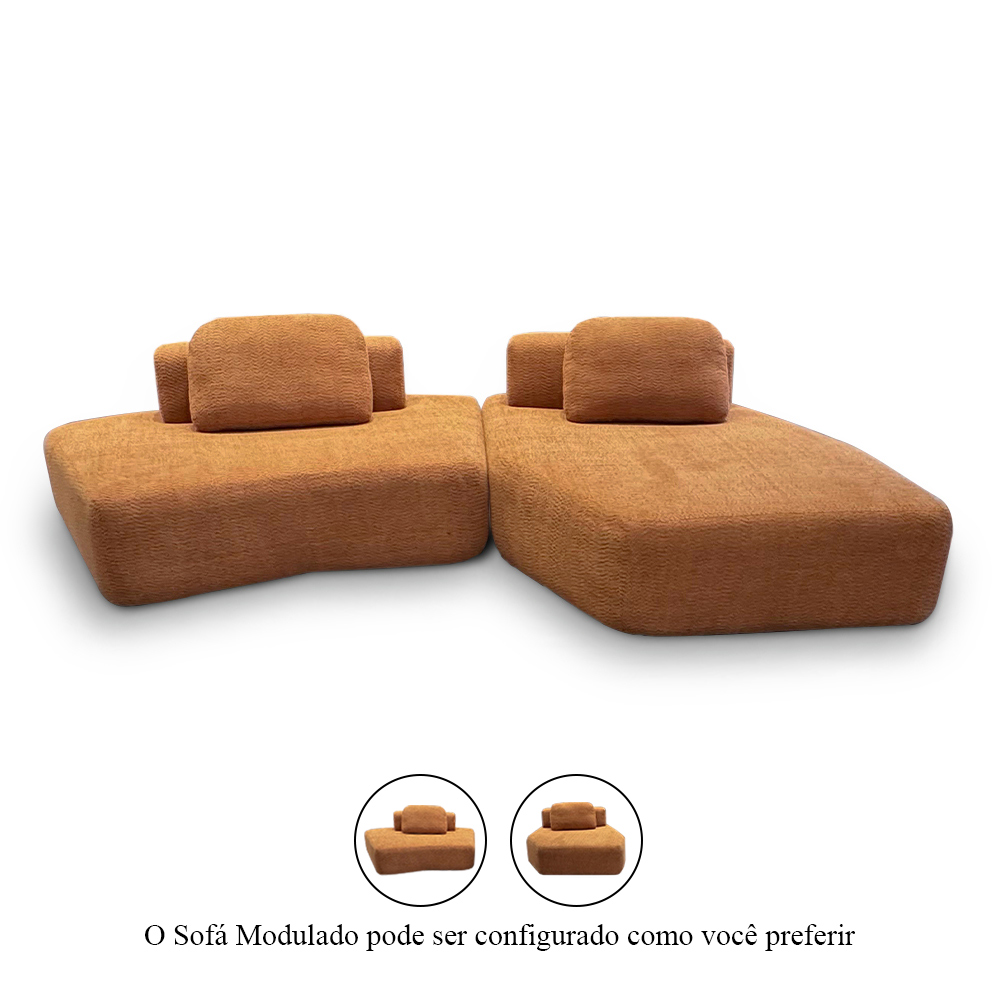 Sofá Ilha Sala de Estar Modulado Dakota com Chaise Encosto Almofadas Soltas Bouclê Rústico Terracota G33 - Gran Belo