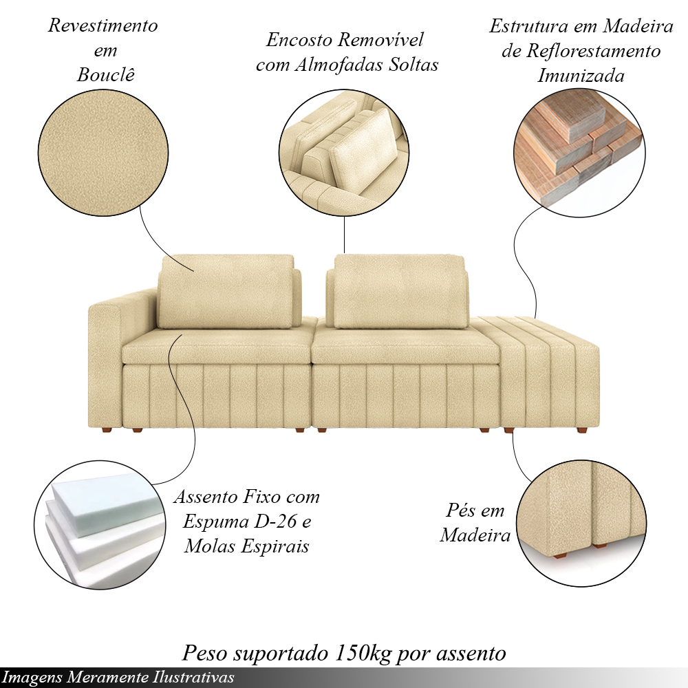 Sofá Ilha com Encosto e Almofadas Móveis Olimpo 245cm Modulado Bouclê Bege G45 - Gran Belo