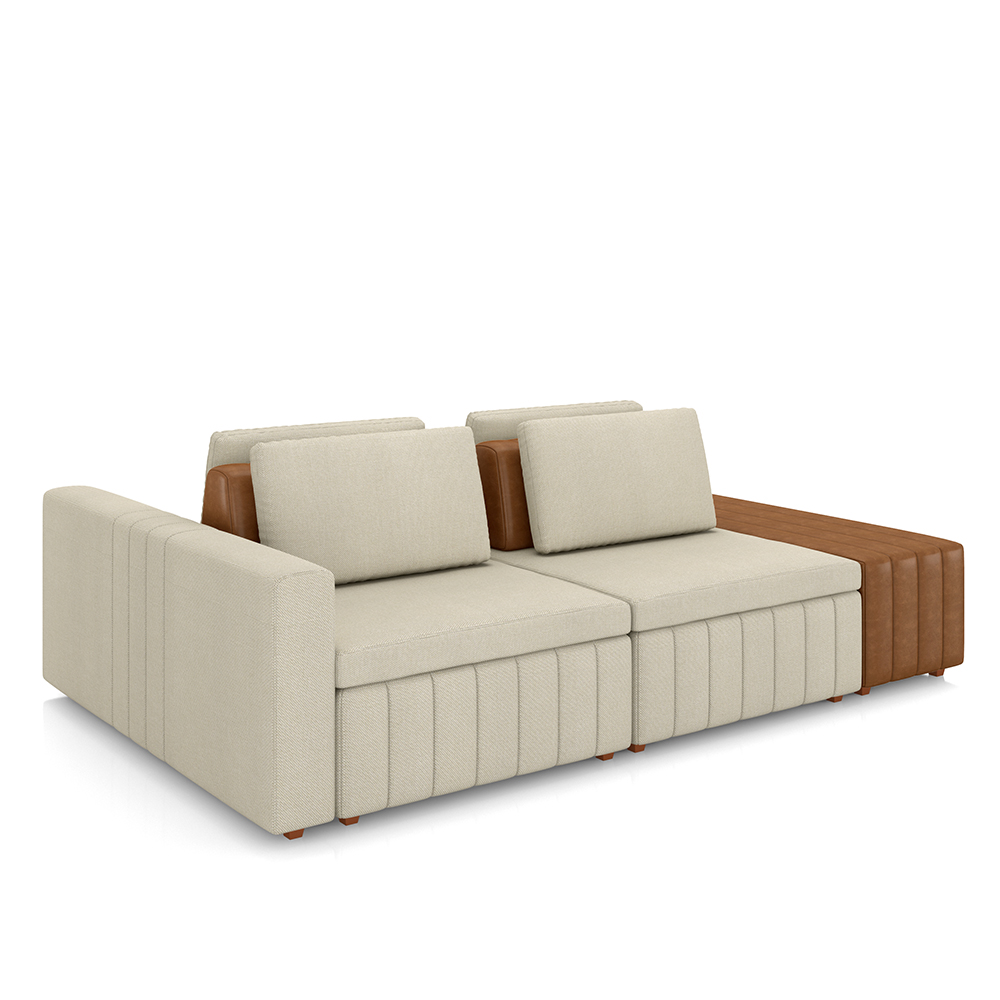 Sofá Ilha com Encosto e Almofadas Móveis Olimpo 245cm Modulado Linho/PU Bege/Caramelo G45 - Gran Belo
