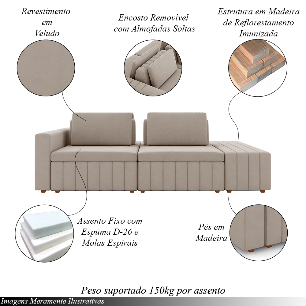 Sofá Ilha com Encosto e Almofadas Móveis Olimpo 245cm Modulado Veludo Bege G45 - Gran Belo