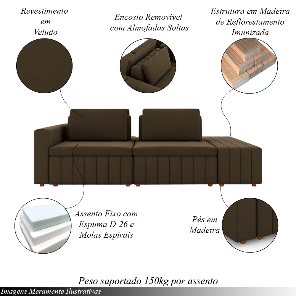 Sofá Ilha com Encosto e Almofadas Móveis Olimpo 245cm Modulado Veludo Marrom G45 - Gran Belo