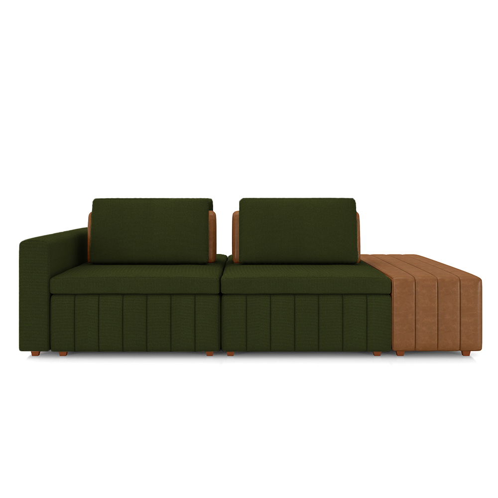 Sofá Ilha com Encosto e Almofadas Móveis Olimpo 265cm Modulado Linho/PU Verde/Caramelo G45 - Gran Belo
