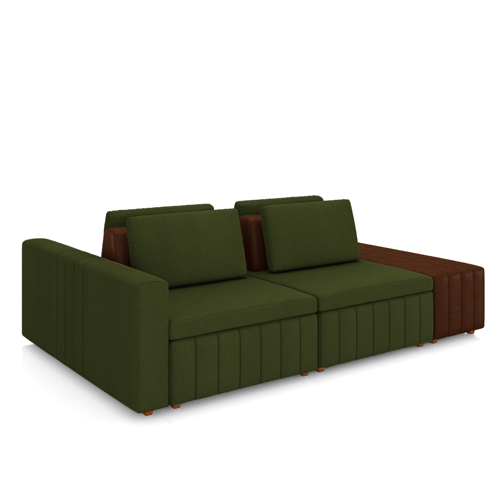 Sofá Ilha com Encosto e Almofadas Móveis Olimpo 265cm Modulado Linho/PU Verde/Marrom G45 - Gran Belo