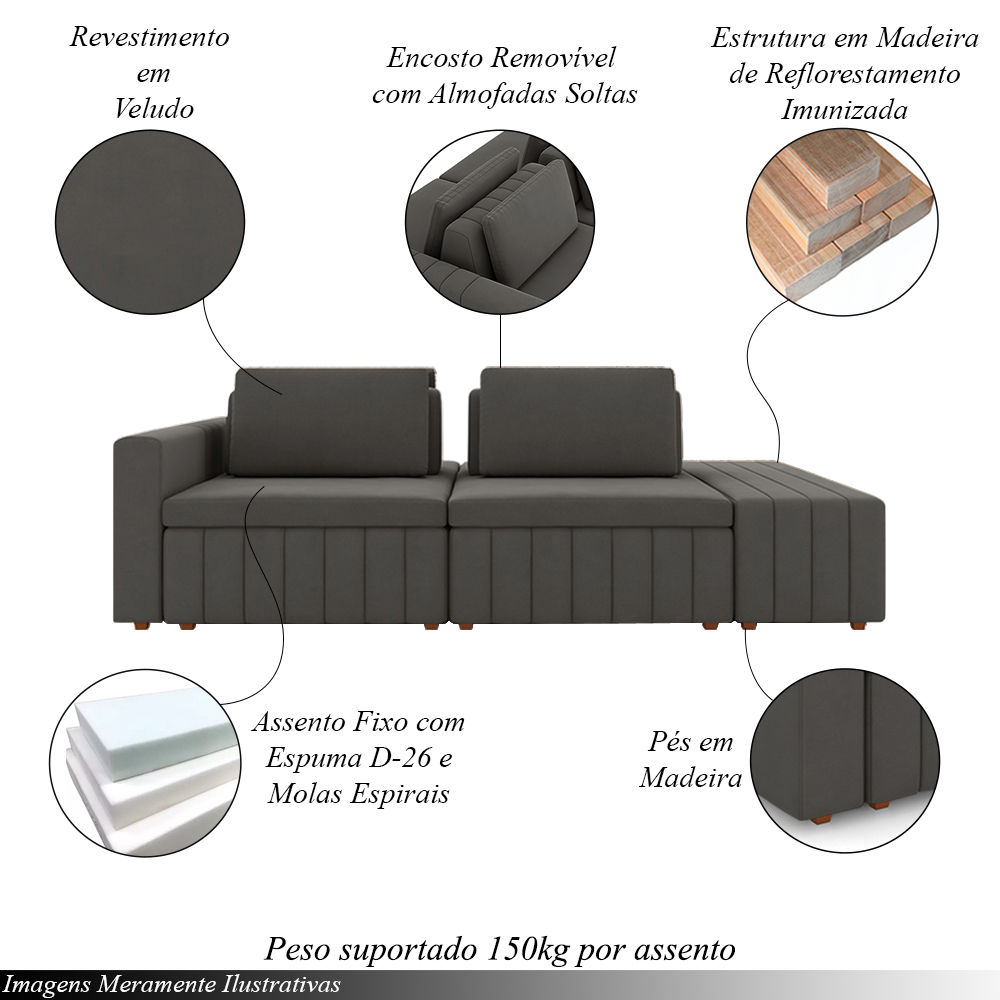 Sofá Ilha com Encosto e Almofadas Móveis Olimpo 265cm Modulado Veludo Grafite G45 - Gran Belo