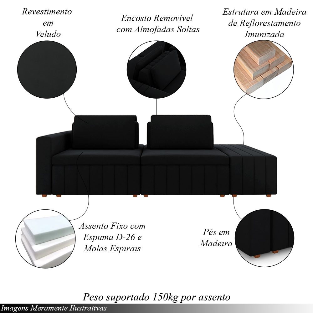 Sofá Ilha com Encosto e Almofadas Móveis Olimpo 265cm Modulado Veludo Preto G45 - Gran Belo