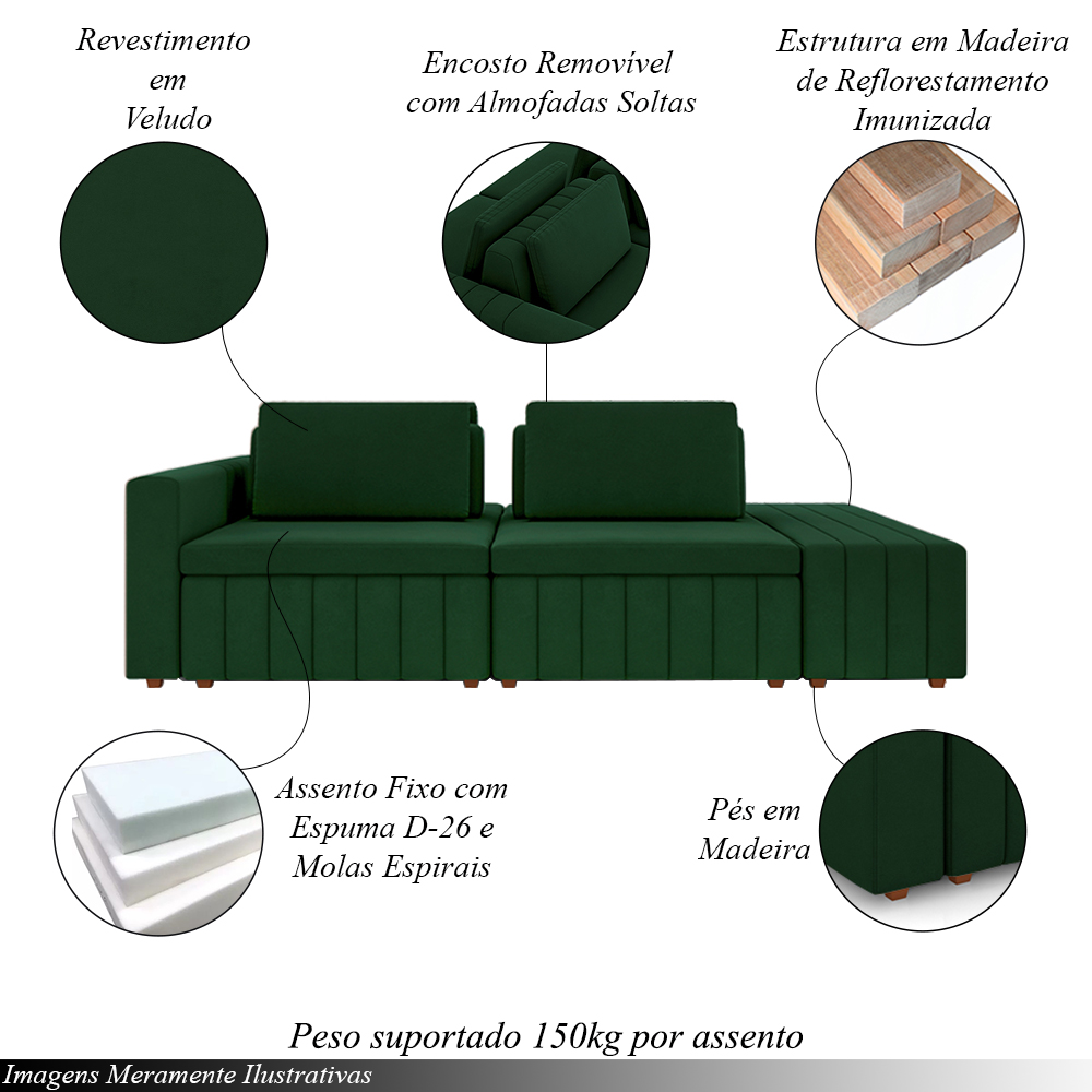 Sofá Ilha com Encosto e Almofadas Móveis Olimpo 265cm Modulado Veludo Verde G45 - Gran Belo