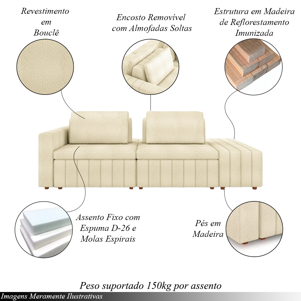 Sofá Ilha com Encosto e Almofadas Móveis Olimpo 285cm Modulado Bouclê Off White G45 - Gran Belo