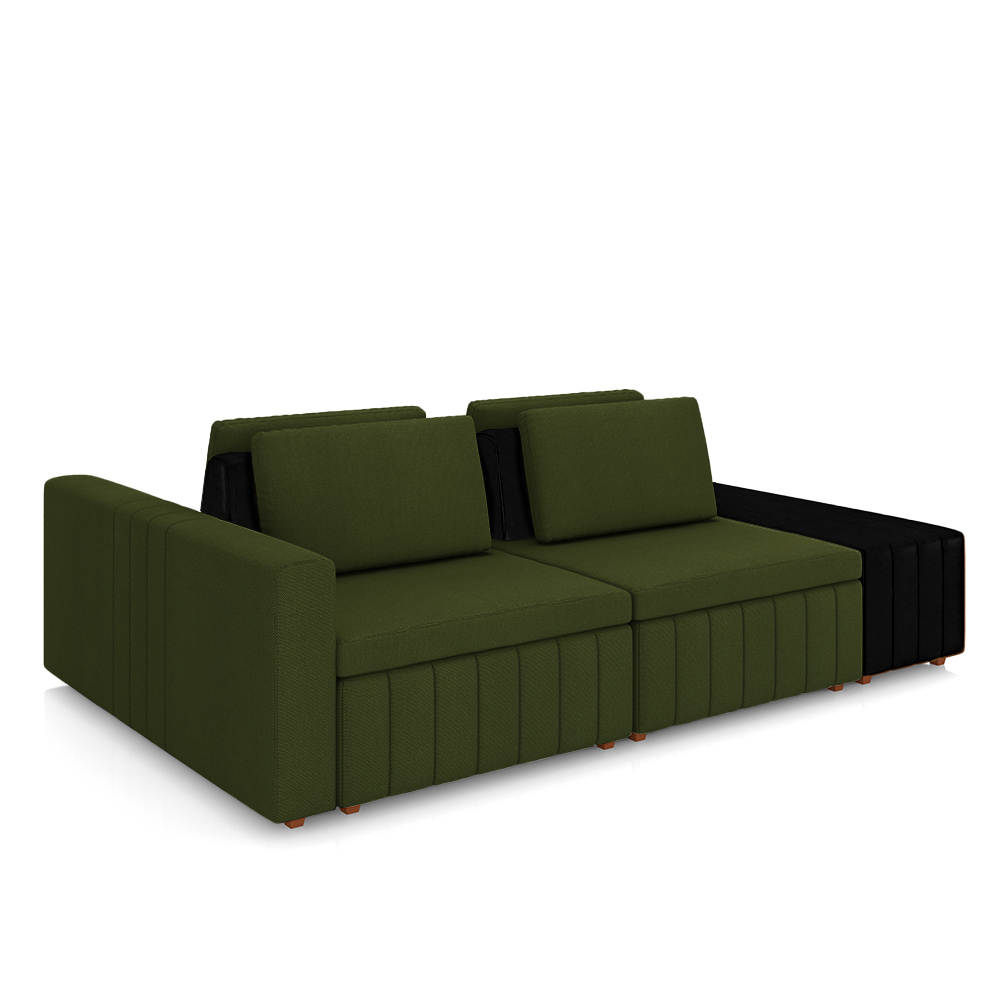 Sofá Ilha com Encosto e Almofadas Móveis Olimpo 285cm Modulado Linho/PU Verde/Preto G45 - Gran Belo