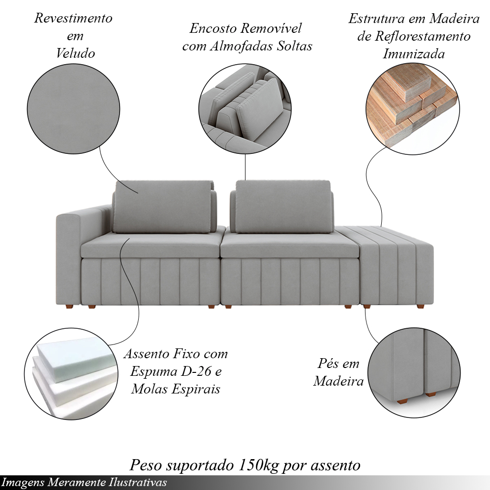 Sofá Ilha com Encosto e Almofadas Móveis Olimpo 285cm Modulado Veludo Cinza G45 - Gran Belo