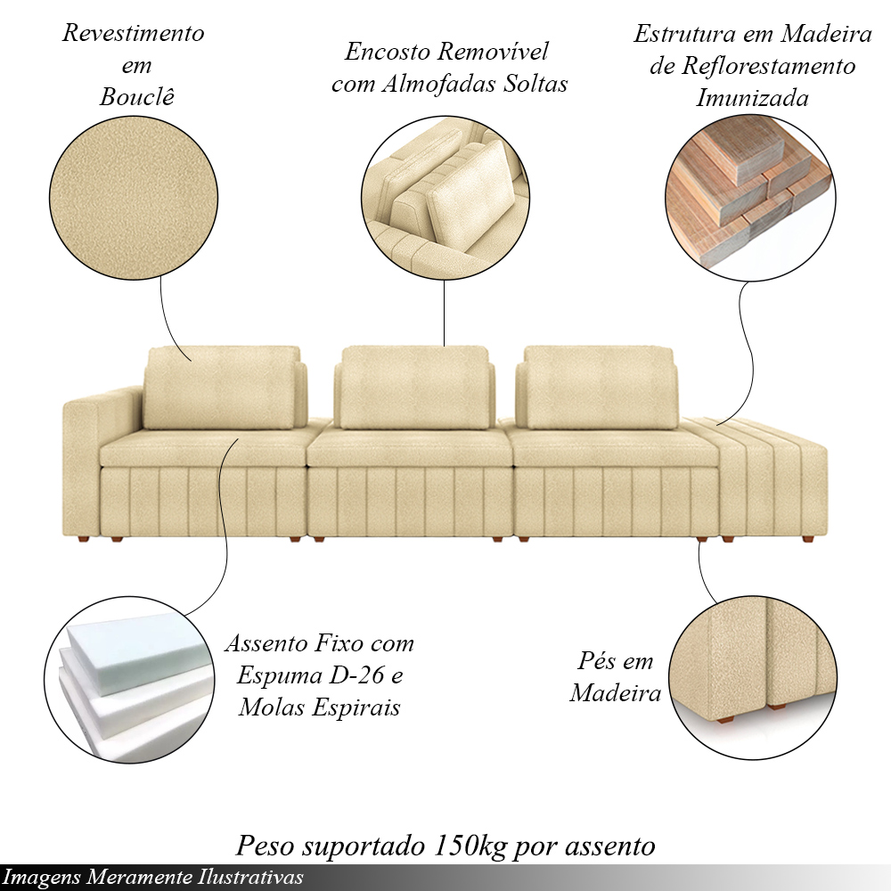 Sofá Ilha com Encosto e Almofadas Móveis Olimpo 335cm Modulado Bouclê Bege G45 - Gran Belo