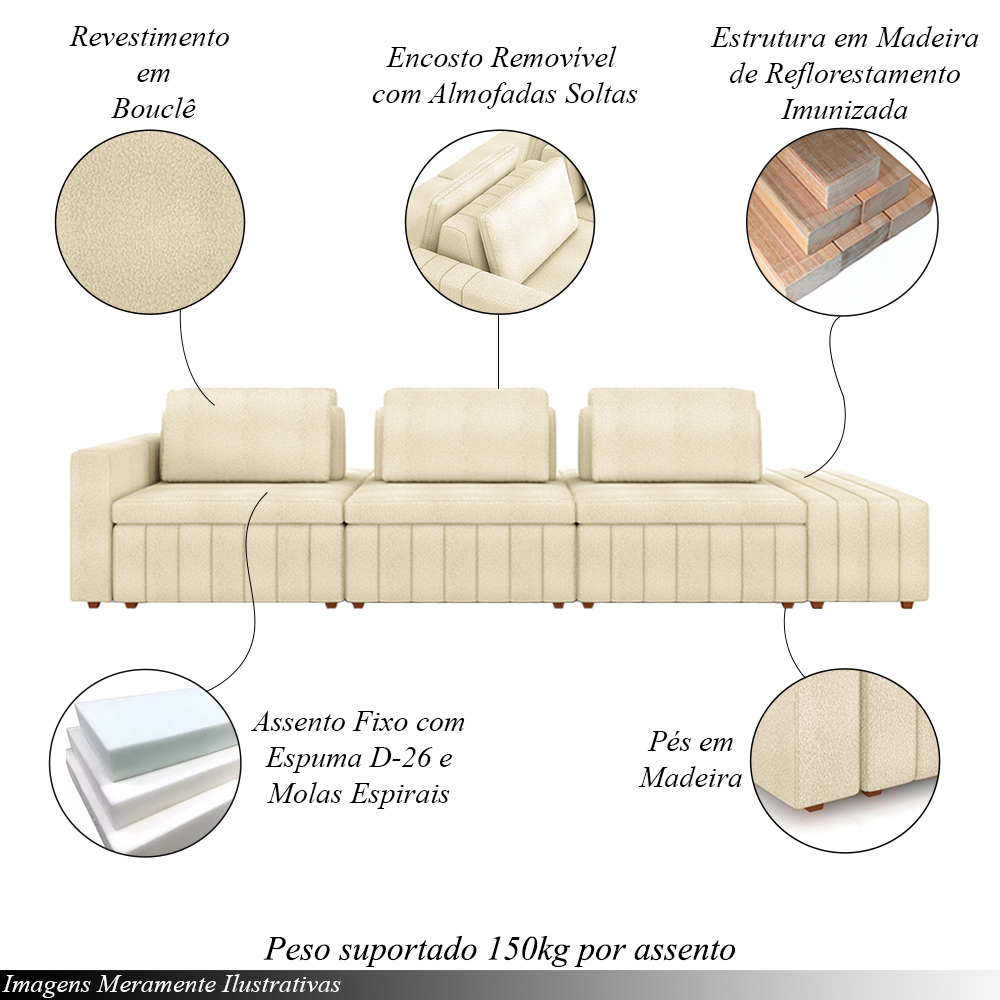 Sofá Ilha com Encosto e Almofadas Móveis Olimpo 335cm Modulado Bouclê Off White G45 - Gran Belo