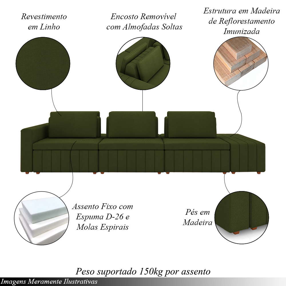 Sofá Ilha com Encosto e Almofadas Móveis Olimpo 335cm Modulado Linho Verde G45 - Gran Belo
