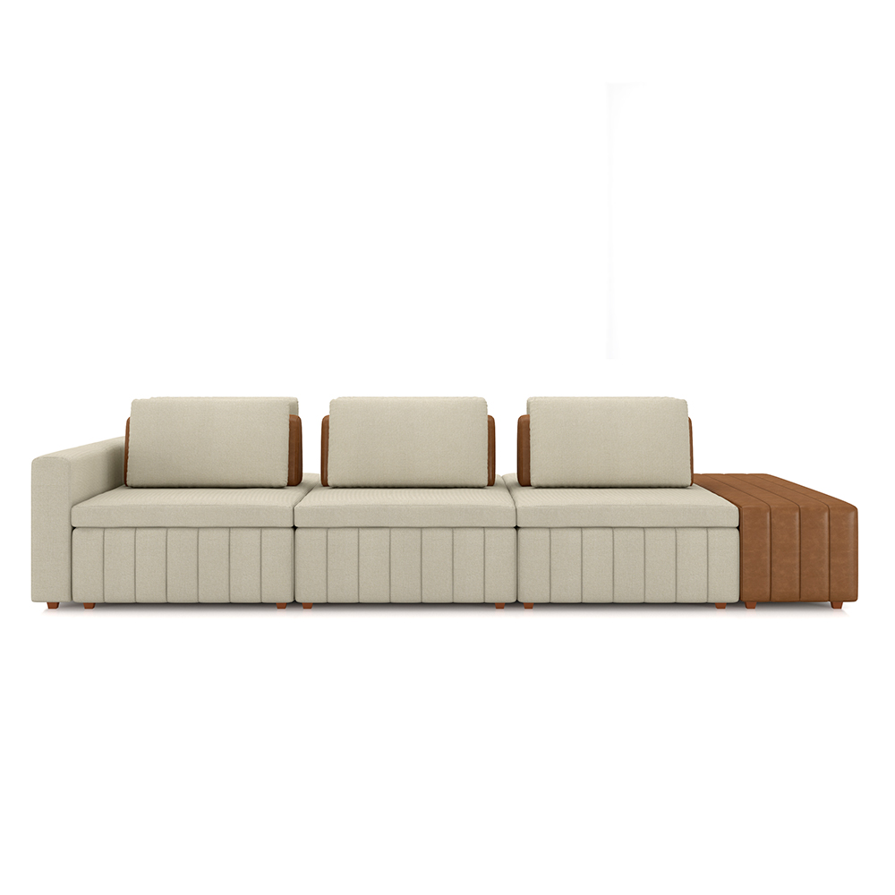 Sofá Ilha com Encosto e Almofadas Móveis Olimpo 335cm Modulado Linho/PU Bege/Caramelo G45 - Gran Belo