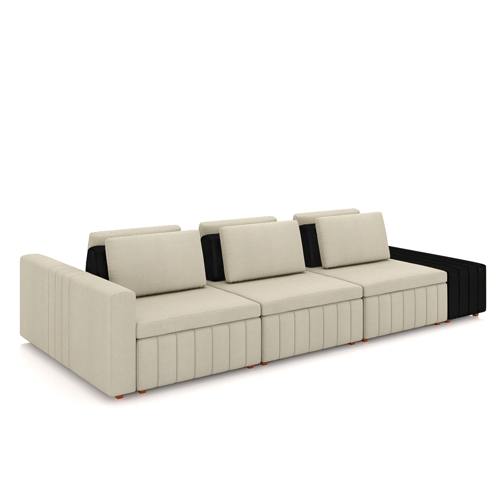 Sofá Ilha com Encosto e Almofadas Móveis Olimpo 335cm Modulado Linho/PU Bege/Preto G45 - Gran Belo