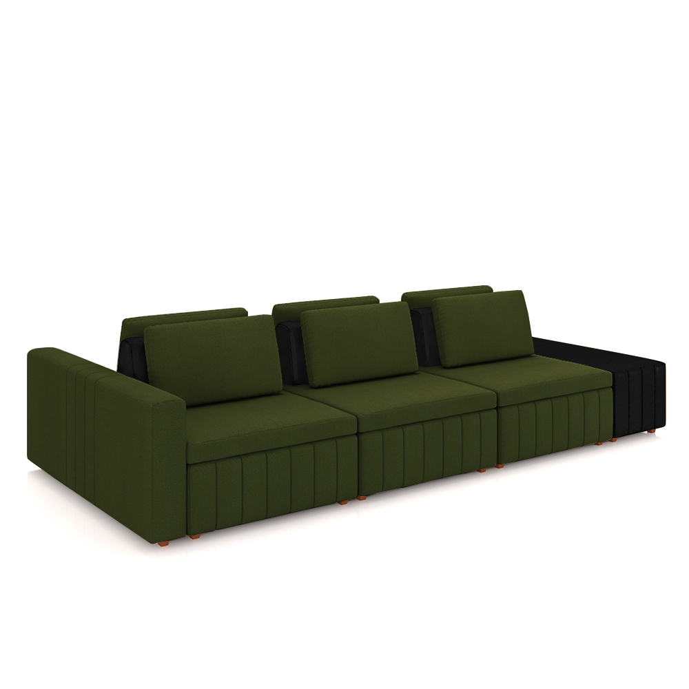 Sofá Ilha com Encosto e Almofadas Móveis Olimpo 335cm Modulado Linho/PU Verde/Preto G45 - Gran Belo