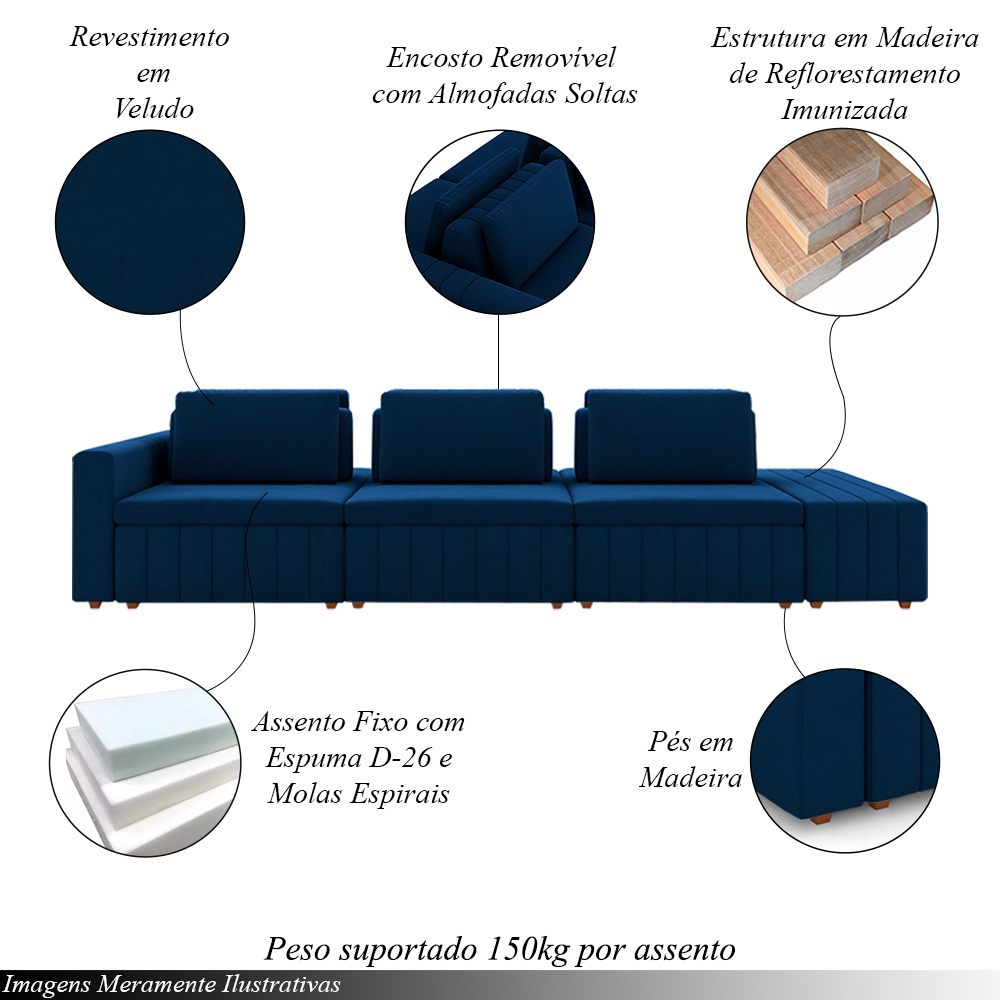 Sofá Ilha com Encosto e Almofadas Móveis Olimpo 335cm Modulado Veludo Azul Marinho G45 - Gran Belo