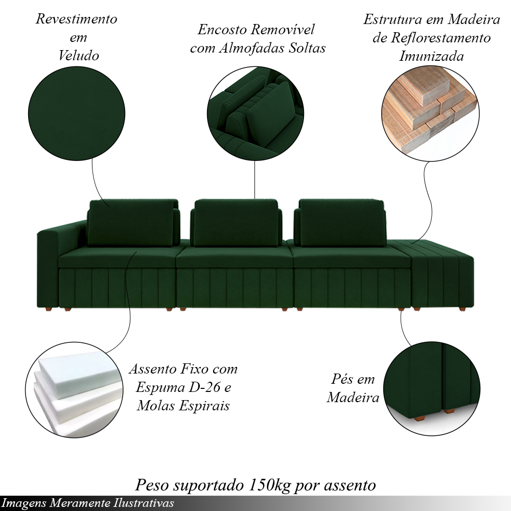 Sofá Ilha com Encosto e Almofadas Móveis Olimpo 335cm Modulado Veludo Verde G45 - Gran Belo