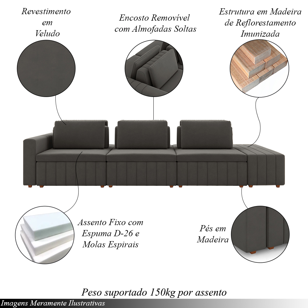 Sofá Ilha com Encosto e Almofadas Móveis Olimpo 365cm Modulado Veludo Grafite G45 - Gran Belo